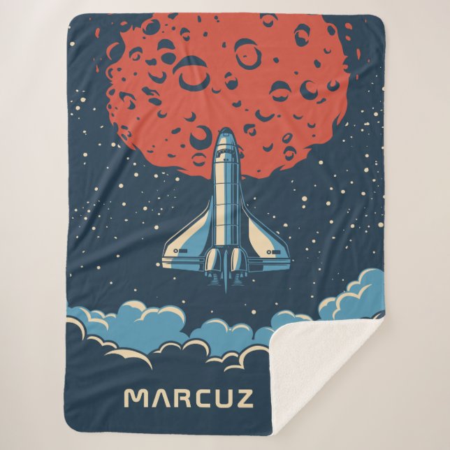 Space Rocket to Red Planet Custom Blanket for Boys Sherpadecke (Vorderseite)