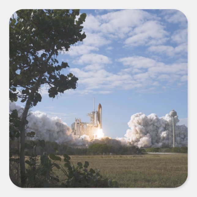 Space Shuttle Atlantis hebt 18 Quadratischer Aufkleber (Vorderseite)