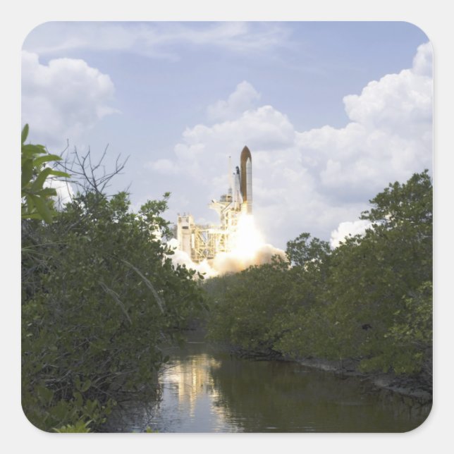 Space Shuttle Atlantis hebt 25 Quadratischer Aufkleber (Vorderseite)