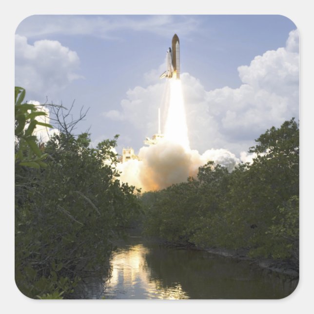 Space Shuttle Atlantis hebt 26 Quadratischer Aufkleber (Vorderseite)