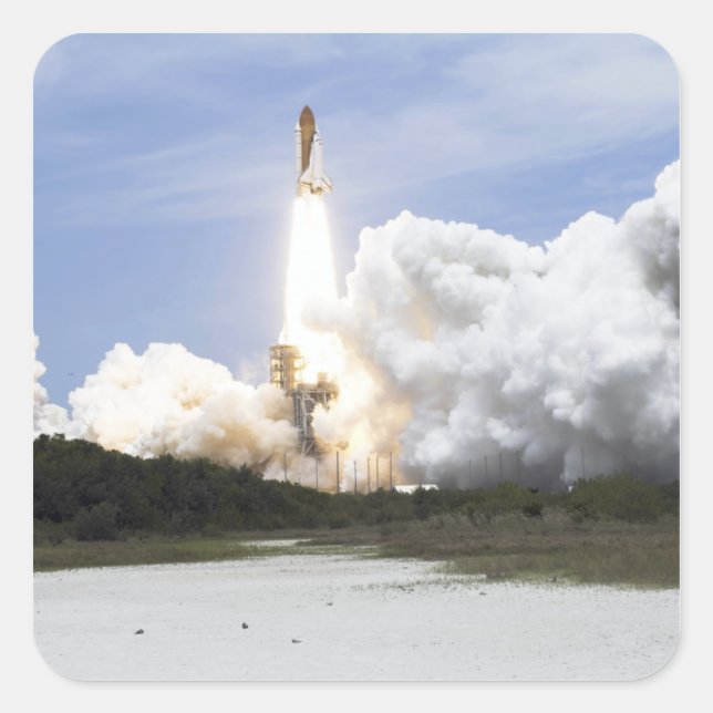 Space Shuttle Atlantis hebt 28 Quadratischer Aufkleber (Vorderseite)