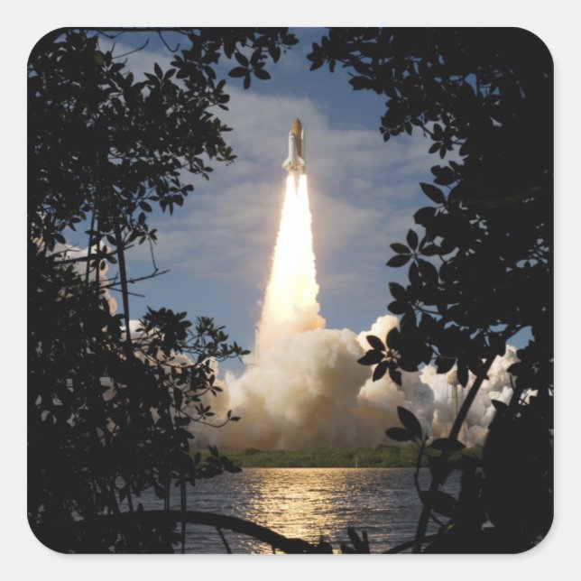 Space Shuttle Atlantis hebt 9 Quadratischer Aufkleber (Vorderseite)