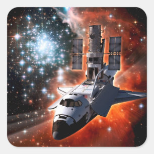 Space Shuttle Atlantis Hubble-Teleskop-Kunstwerk Quadratischer Aufkleber