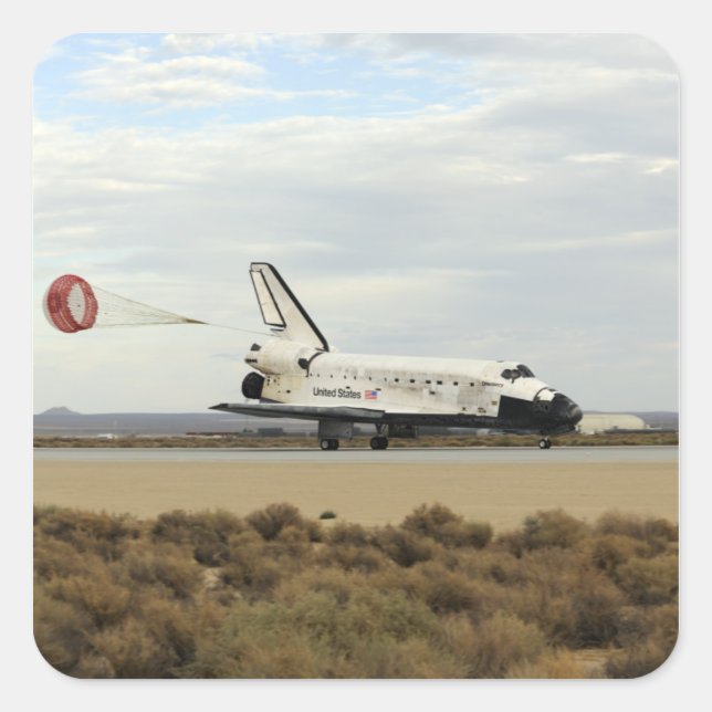Space Shuttle Discovery stellt seinen Drag-Rute be Quadratischer Aufkleber (Vorderseite)
