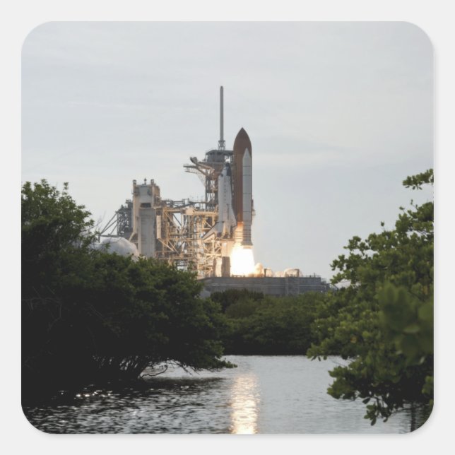 Space Shuttle Endeavour hebt ab Quadratischer Aufkleber (Vorderseite)