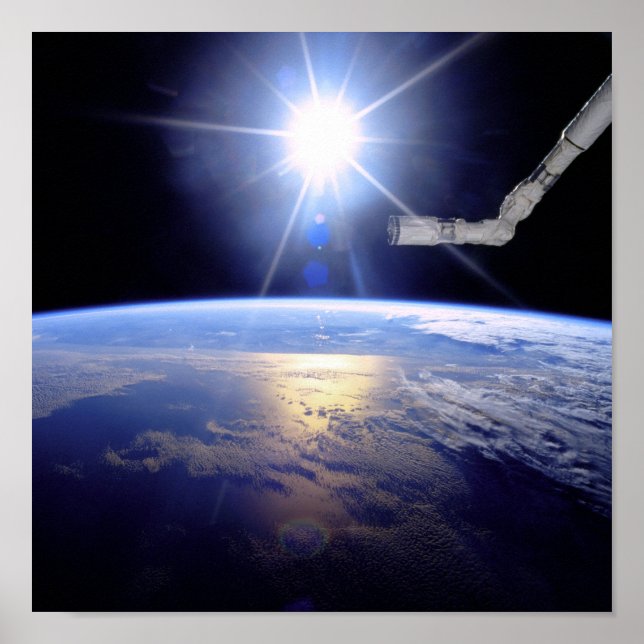Space Shuttle Robot Arm Earth Orbit Sunburst Poster (Vorne)
