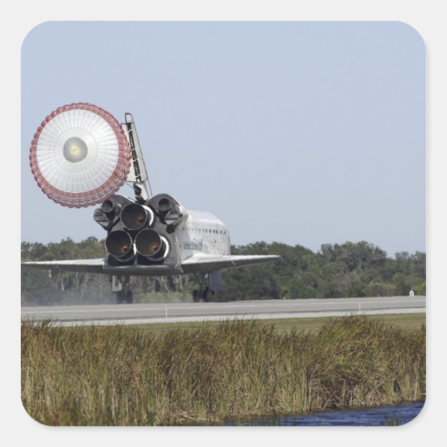 Space Shuttleservice Atlantis entfaltet seinen Dra Quadratischer Aufkleber (Vorderseite)