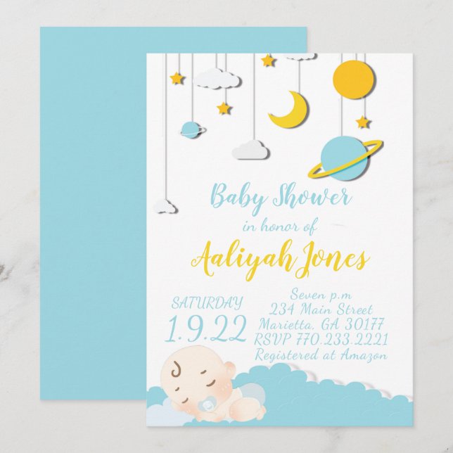 Space Sleeping Baby Einladung (Vorne/Hinten)