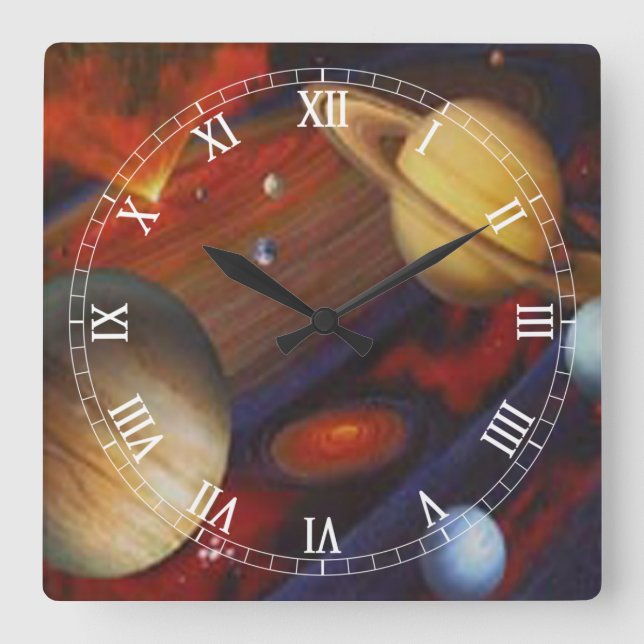 Space Square Roman Numerals Clock Quadratische Wanduhr (Vorderseite)