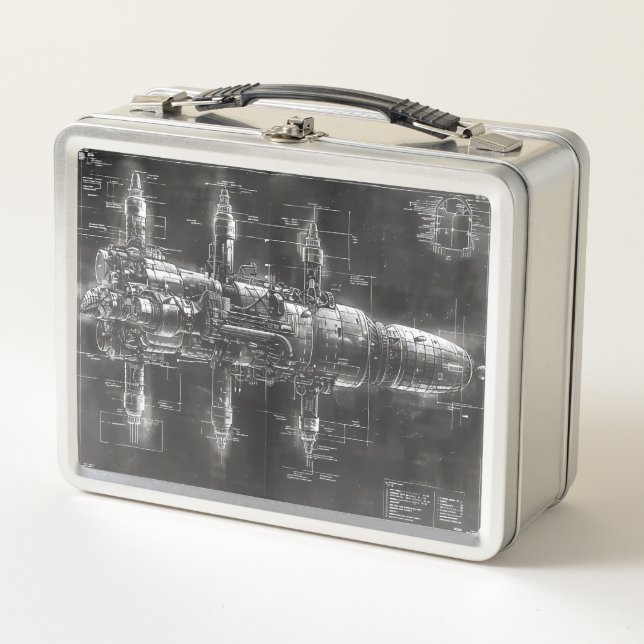Space Station Black Blueprint Metall Brotdose (Vorderseite)