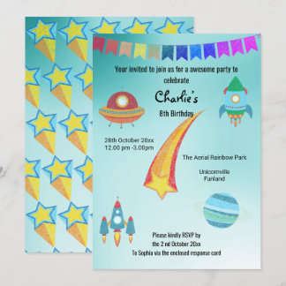Space Theme Aqua Star Geburtstag Einladung