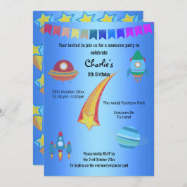 Space Theme Blue Star Birthday Einladung