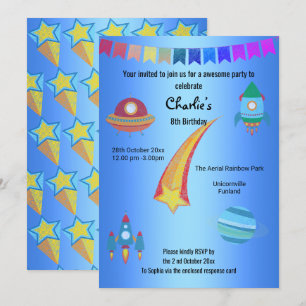 Space Theme Blue Star Birthday Einladung