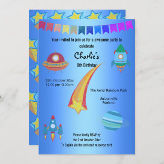 Space Theme Blue Star Birthday Einladung