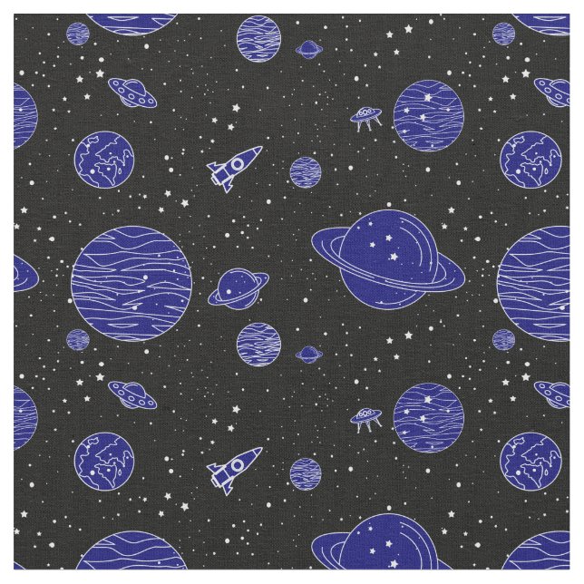 Space Theme Planets Rockets Stars auf schwarz Stoff (Nahaufnahme)