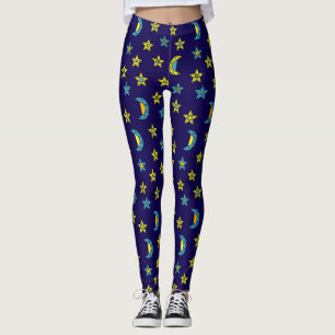 Space Yellow Blue Moon and Stars Jewels Muster Leggings