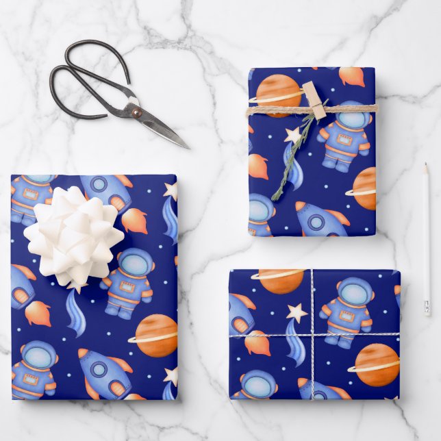 Spaceship & Planets Boys Birthday Astronaut Geschenkpapier Set (Vorderseite)