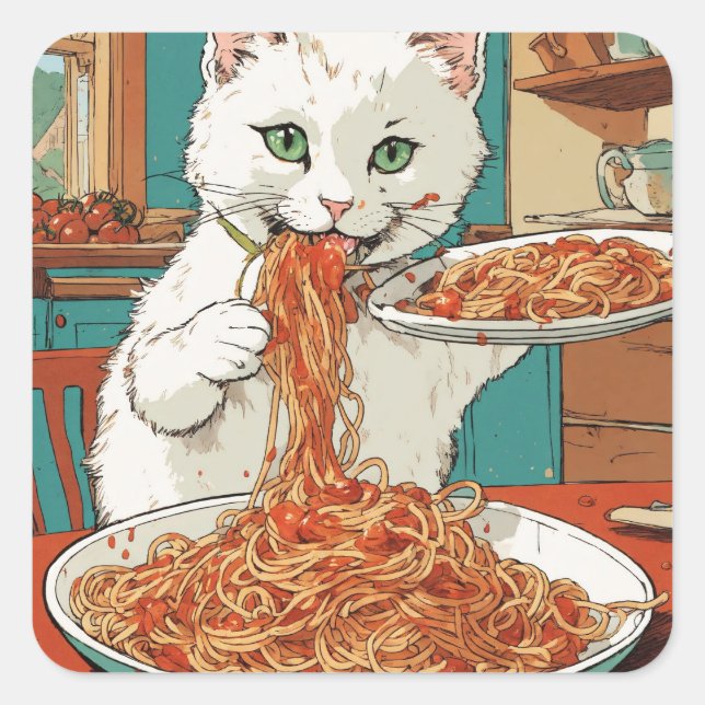 "Spaghetti Abendessen mit Snowball: Eine weiße Kat Quadratischer Aufkleber (Vorderseite)