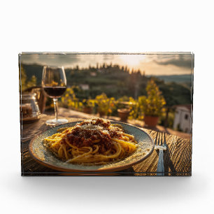 Spaghetti Bolognese auf Weingarten Terrasse Tisch Fotoblock