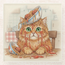 Spaghetti Kitty, Orange, Glass Coaster Glasuntersetzer