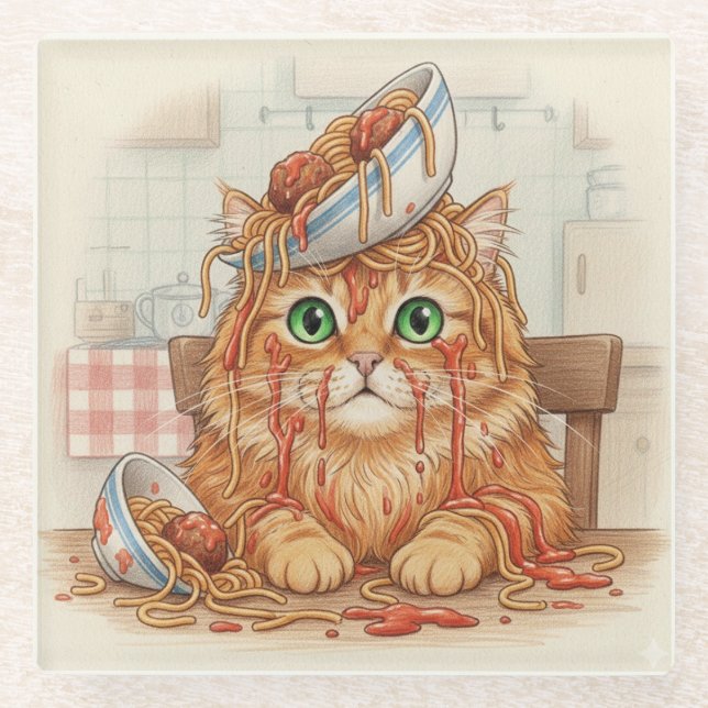 Spaghetti Kitty, Orange, Glass Coaster Glasuntersetzer (Vorderseite)