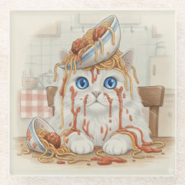 Spaghetti Kitty, White, Glass Coaster Glasuntersetzer