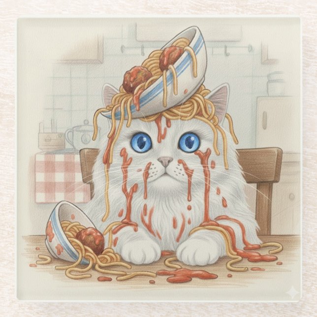 Spaghetti Kitty, White, Glass Coaster Glasuntersetzer (Vorderseite)