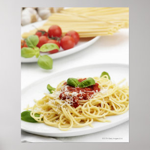 Spaghetti mit Tomatensauce und Basilikum Poster