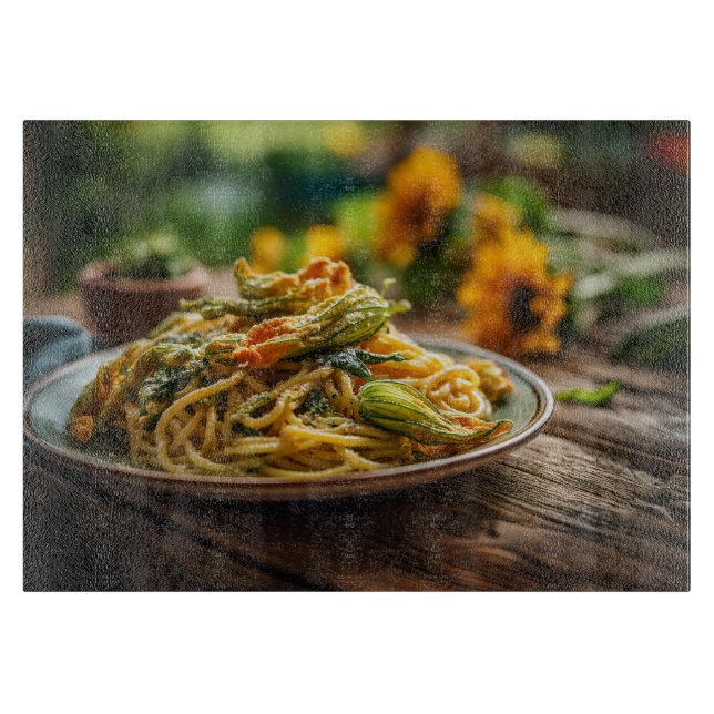 Spaghetti mit Zucchini-Blüten Schneidebrett (Vorderseite)