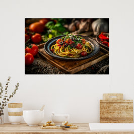 Spaghetti Puttanesca mit frischen Tomaten und Oliv Poster