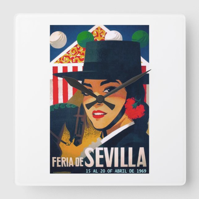 Spain 1969 Seville April Fair Poster Quadratische Wanduhr (Vorderseite)