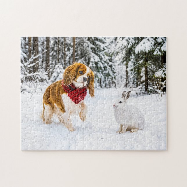 Spaniel trifft Schneehase im Winterwald (Horizontal)