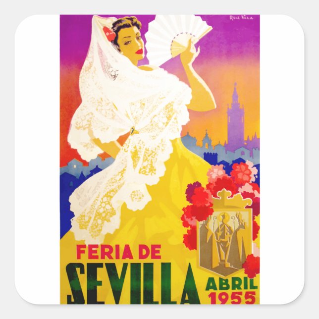 Spanien 1955 Sevilla April Fair Poster Quadratischer Aufkleber (Vorderseite)