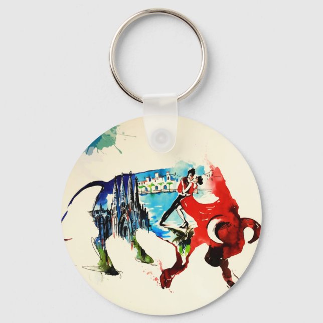 Spanien Bull Vintage Liebe Wasserfarbe Schlüsselanhänger (Vorderseite)