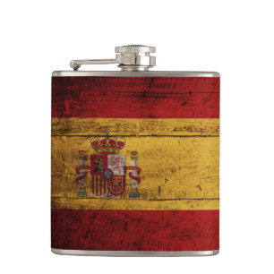 Spanien-Flagge auf altem hölzernem Korn Flachmann