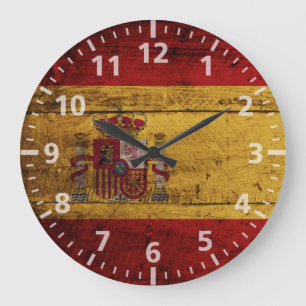 Spanien-Flagge auf altem hölzernem Korn Große Wanduhr