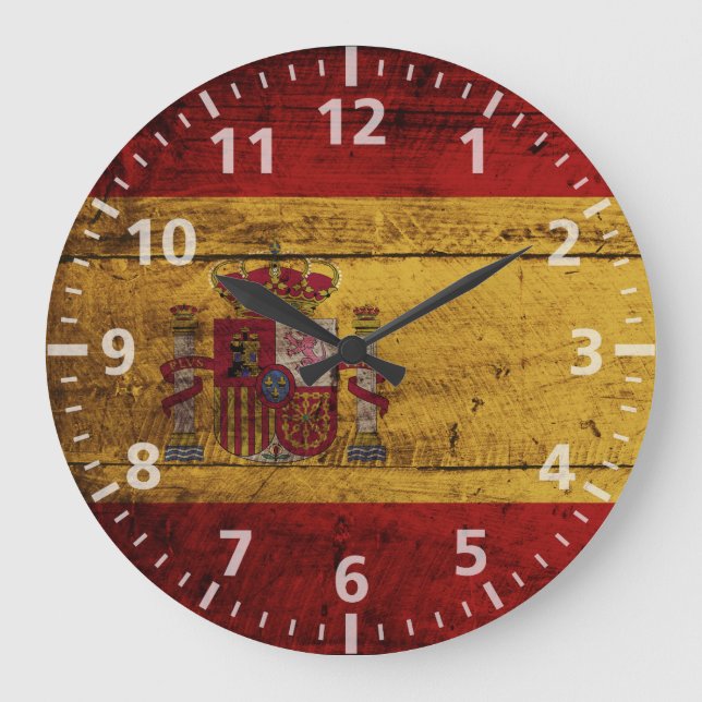Spanien Flagge für altes Holzkörnchen Große Wanduhr (Vorderseite)
