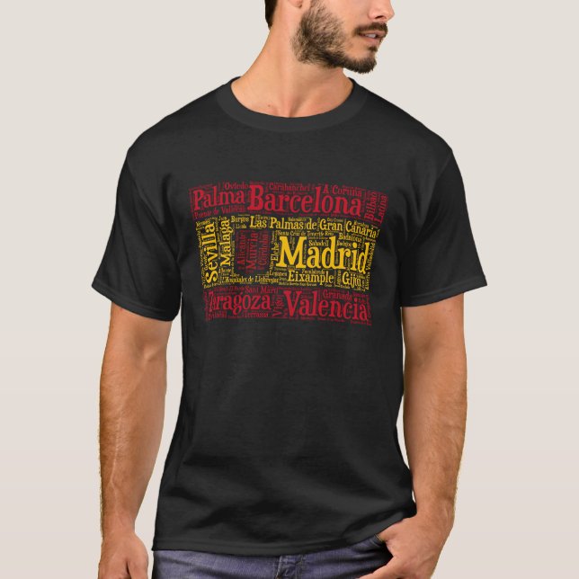 Spanien Flagge mit Stadtbezeichnungen Word Art T-Shirt (Vorderseite)