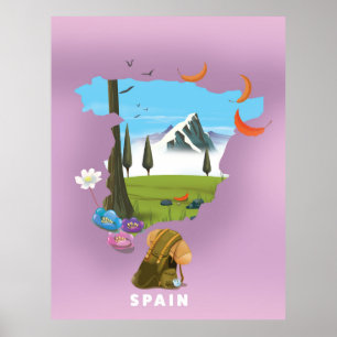 Spanien Illustrierte Landkarte Reiseplakat Poster