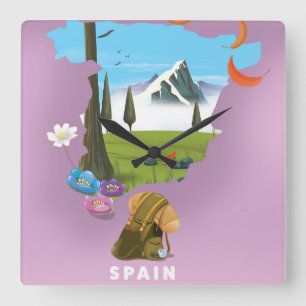Spanien Illustriertes Reiseplakat Quadratische Wanduhr