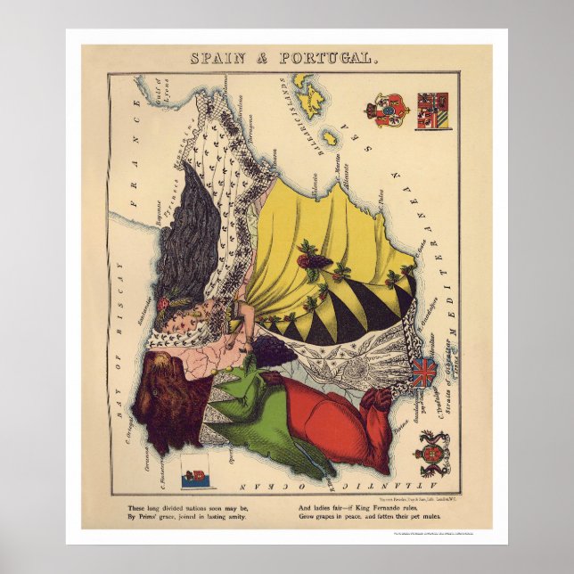 Spanien & Portugal - Karikaturenkarte 1868 Poster (Vorne)