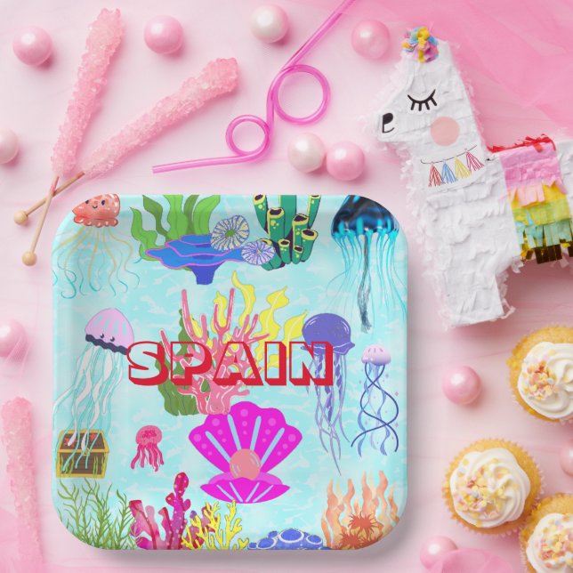 Spanien Quallen farbenfroh Unterwasser Moderne Pappteller (Party)