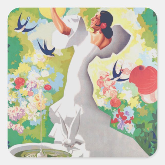 Spanien Senorita Birds Blume Fiesta Garden Quadratischer Aufkleber (Vorderseite)