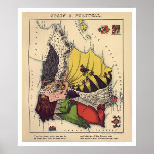 Spanien- u. Portugal-Karikatur-Karte 1868 Poster