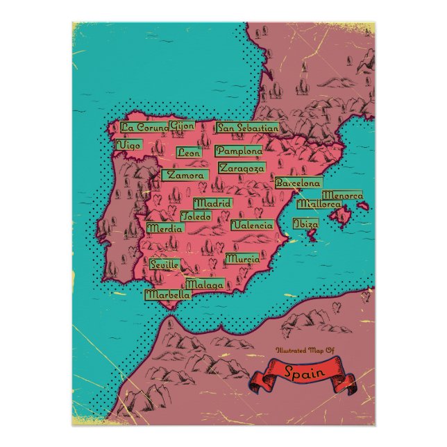 Spanien Vintage alte Karte Poster (Vorderseite)