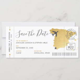 Spanien Ziel Boarding Pass Save the Date Gold Einladung