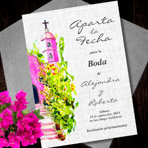 Spanisch, Aquarell Rosa Kapelle Hochzeit Save the Einladung