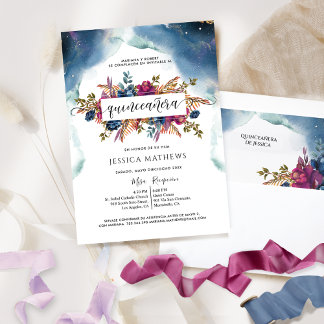 Spanisch, Blau, Aquamarin, Lila, Fuchsia Quinceañe Einladung