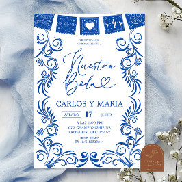 Spanisch blaue Talavera-Rahmen Nuestra Boda Einladung