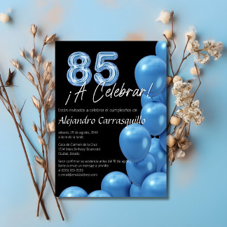Spanisch Blue Balloons Sleek Black 85. Geburtstag Einladung